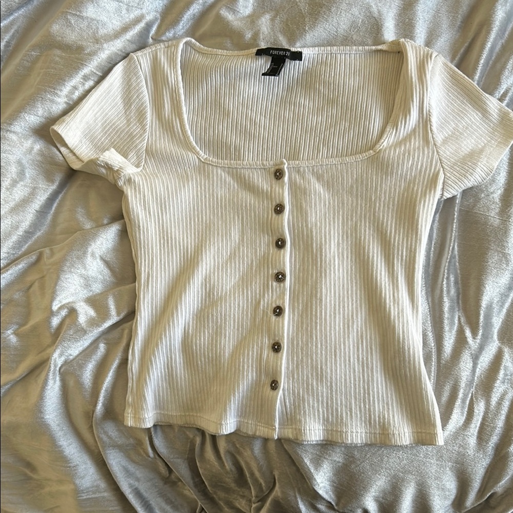 Forever 21 Cream Ribbed Fitted Blouse